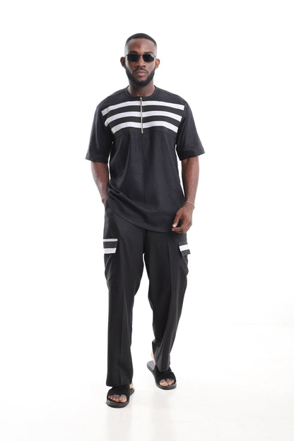 King Kaftan Black Linen Short-Sleeve Kaftan Top and Cargo Trousers Set – Front View – African men's fashion Niger