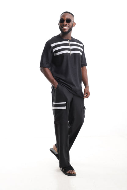 King Kaftan Black Linen Short-Sleeve Kaftan Top and Cargo Trousers Set – Side View – African men's fashion Nigeria