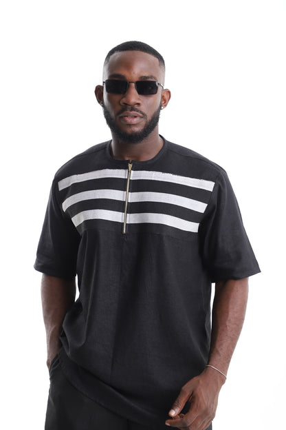 King Kaftan Black Linen Short-Sleeve Kaftan Shirt – Front View – African men's fashion Nigeria