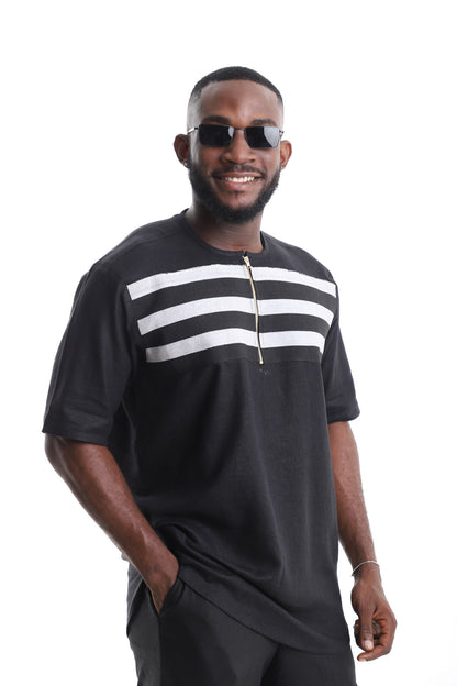 King Kaftan Black Linen Short-Sleeve Kaftan Shirt – Side View – African men's fashion Nigeria