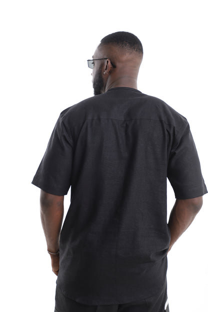 King Kaftan Black Linen Short-Sleeve Kaftan Shirt – Back View – African men's fashion Nigeria