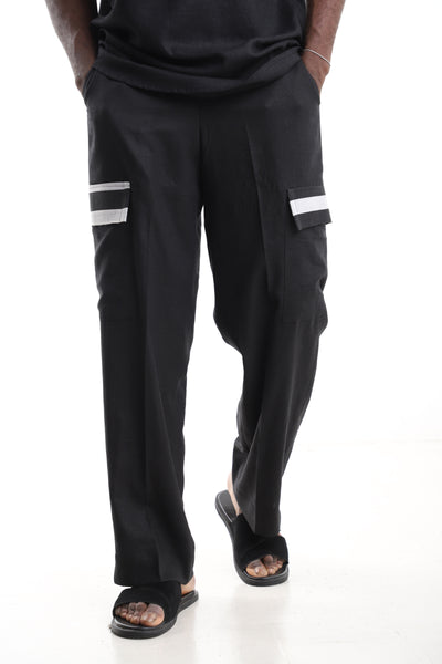 King Kaftan Black Linen Cargo Pants – Front View – African men's fashion Nigeria