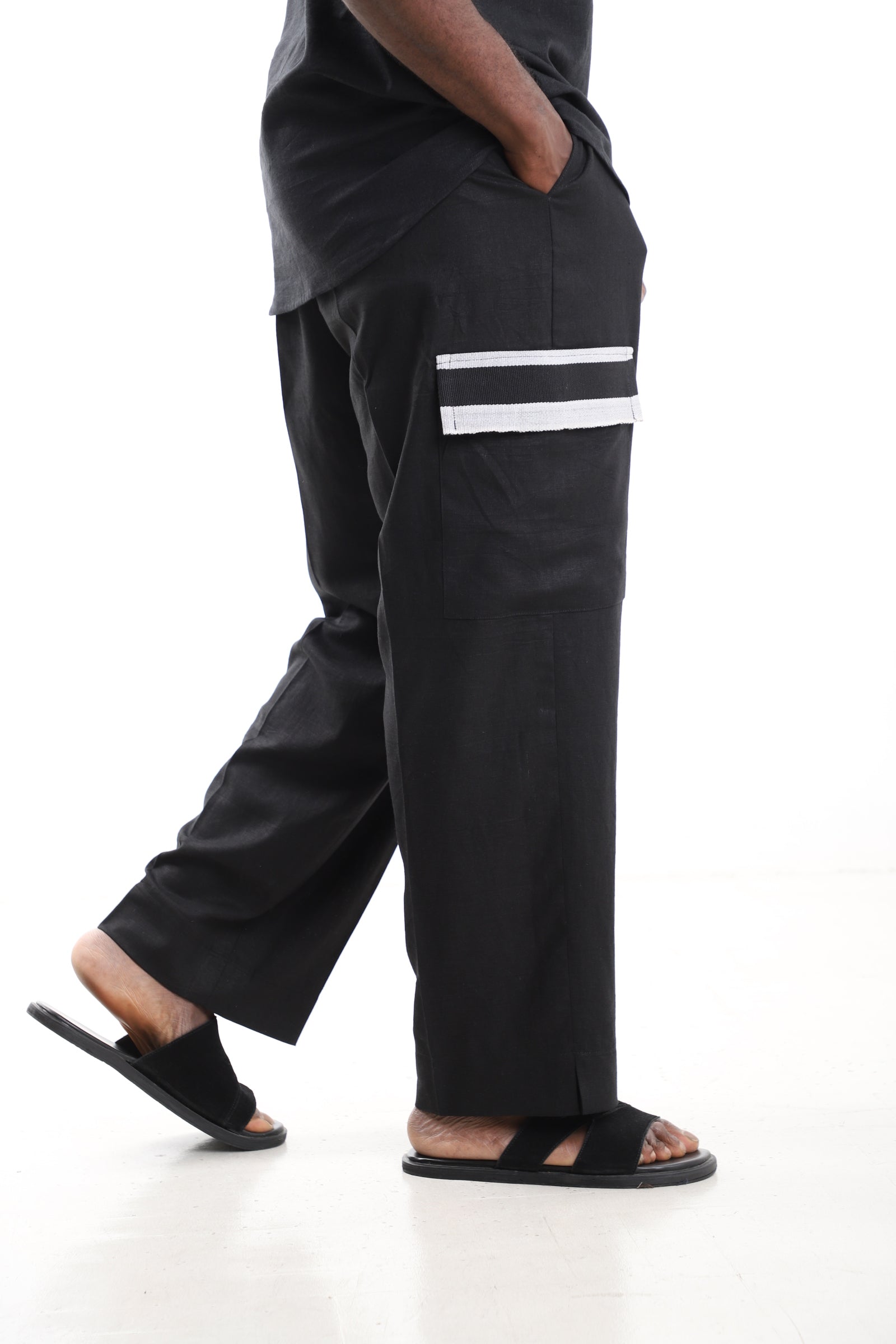 King Kaftan Black Linen Cargo Pants – Side View – African men's fashion Nigeria