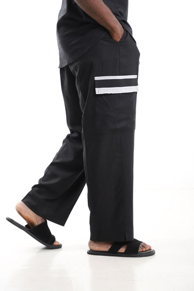 King Kaftan Black Linen Cargo Pants – Side View – African men's fashion Nigeria