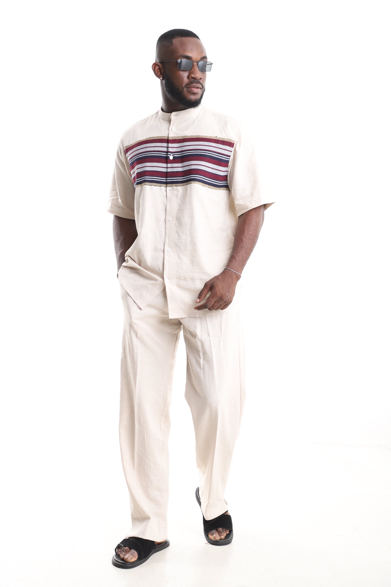 King Kaftan Beige Linen Short-Sleeve Kaftan Set – Front View – African men's fashion Nigeria