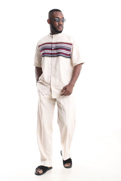 King Kaftan Beige Linen Short-Sleeve Kaftan Set – Front View – African men's fashion Nigeria