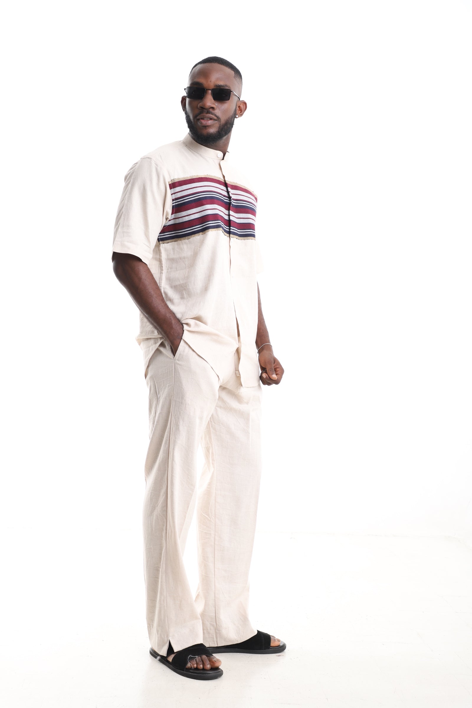 King Kaftan Beige Linen Short-Sleeve Kaftan Set – Side View – African men's fashion Nigeria