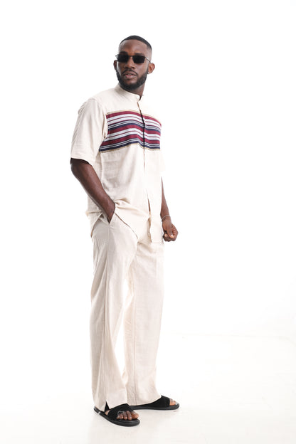 King Kaftan Beige Linen Short-Sleeve Kaftan Set – Side View – African men's fashion Nigeria