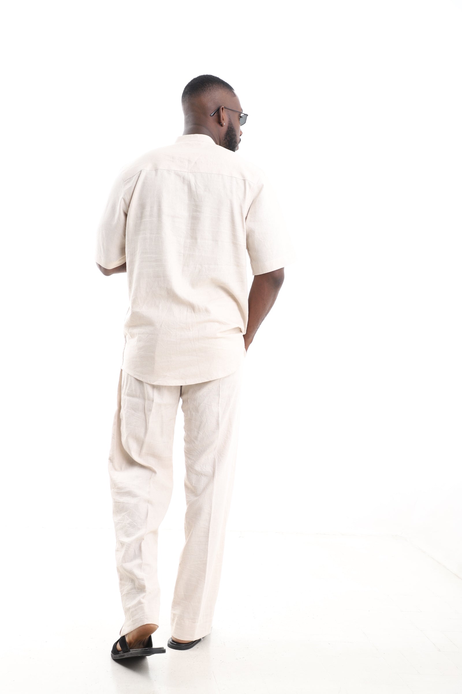 King Kaftan Beige Linen Short-Sleeve Kaftan Set – Back View – African men's fashion Nigeria