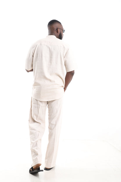 King Kaftan Beige Linen Short-Sleeve Kaftan Set – Back View – African men's fashion Nigeria