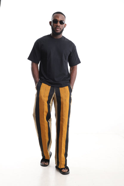 King Kaftan Handwoven Striped Cotton Aso-Oke Pants Set with Oversized Black T-Shirt – Front View – African men's fashion Nigeria