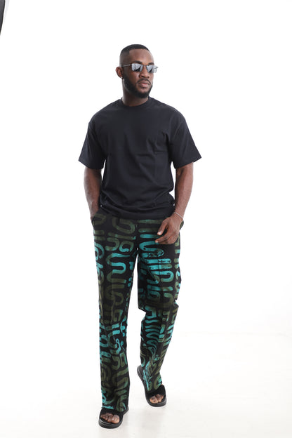 King Kaftan Black and Turquoise Calligraphy Adire Cargo Pants Set with Oversized Black T-Shirt – Front View – African men's fashion Nigeria