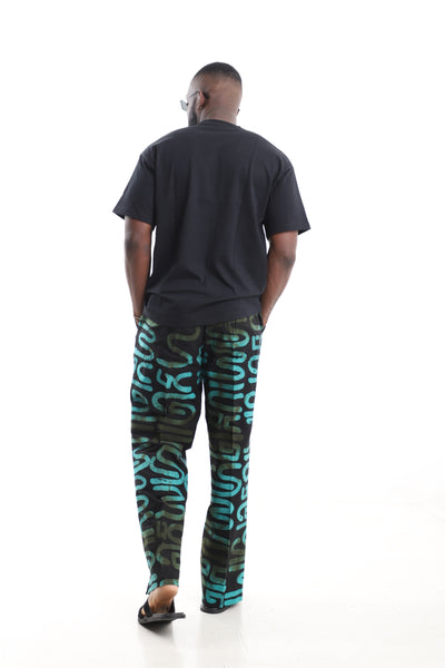 King Kaftan Black and Turquoise Calligraphy Adire Cargo Pants Set with Oversized Black T-Shirt – Back View – African men's fashion Nigeria