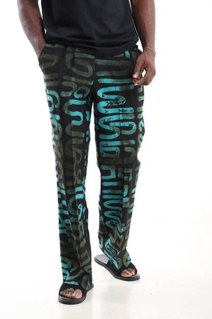 King Kaftan Black and Turquoise Abstract Calligraphy Adire Cargo Pants – Front View – African men's fashion Nigeria