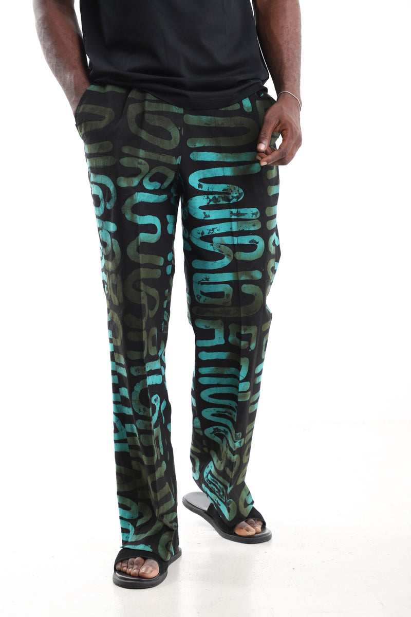 Black and Turquoise Abstract Calligraphy Adire Cargo Pants
