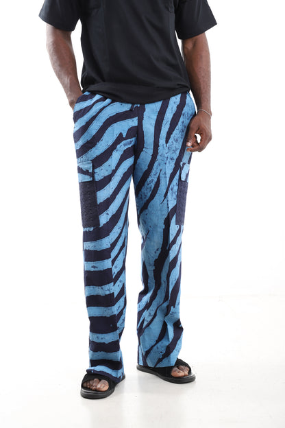 King Kaftan Blue Zebra Stripe Adire Cargo Pants – Front View – African men's fashion Nigeria