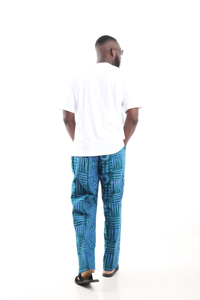 King Kaftan Teal Geometric Adire Cargo Pants Set with Oversized White T-Shirt – Back View – African men's fashion Nigeria