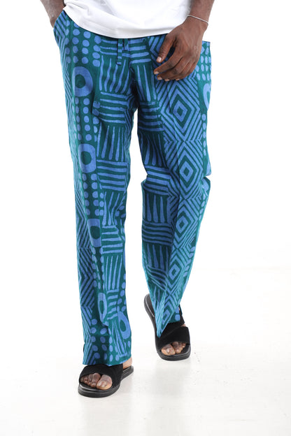 King Kaftan Teal Geometric Adire Cargo Pants – Front View – African men's fashion Nigeria