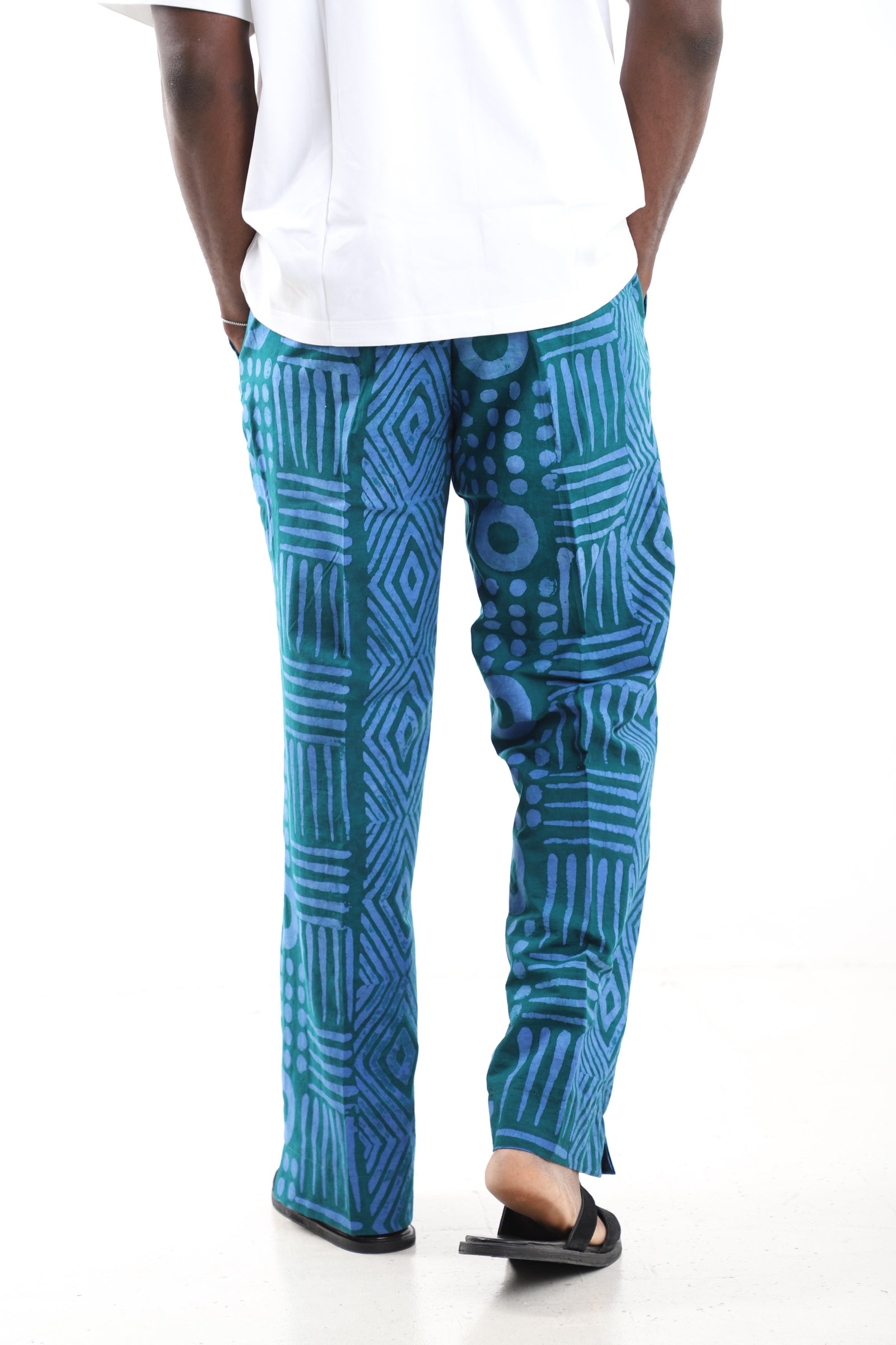 King Kaftan Teal Geometric Adire Cargo Pants – Back View – African men's fashion Nigeria