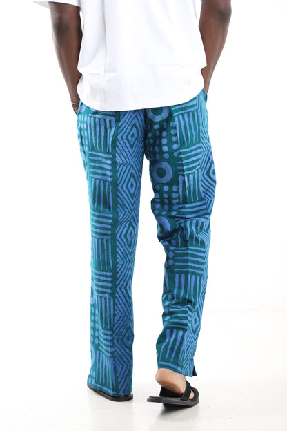 King Kaftan Teal Geometric Adire Cargo Pants – Back View – African men's fashion Nigeria