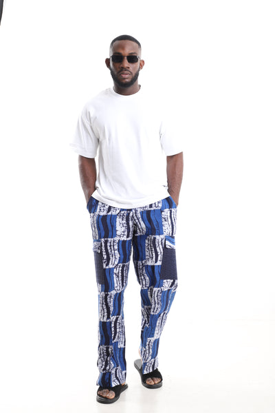 King Kaftan Blue Wave Adire Cargo Pants Set with Oversized White T-Shirt – Front View – African men's fashion Nigeria