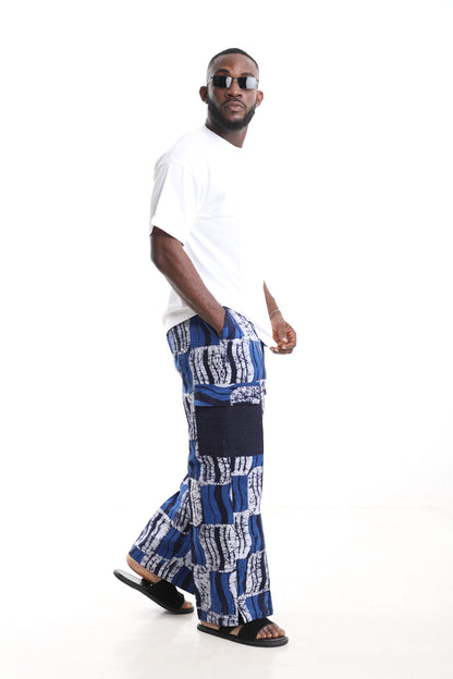 King Kaftan Blue Wave Adire Cargo Pants Set with Oversized White T-Shirt – Side View – African men's fashion Nigeria