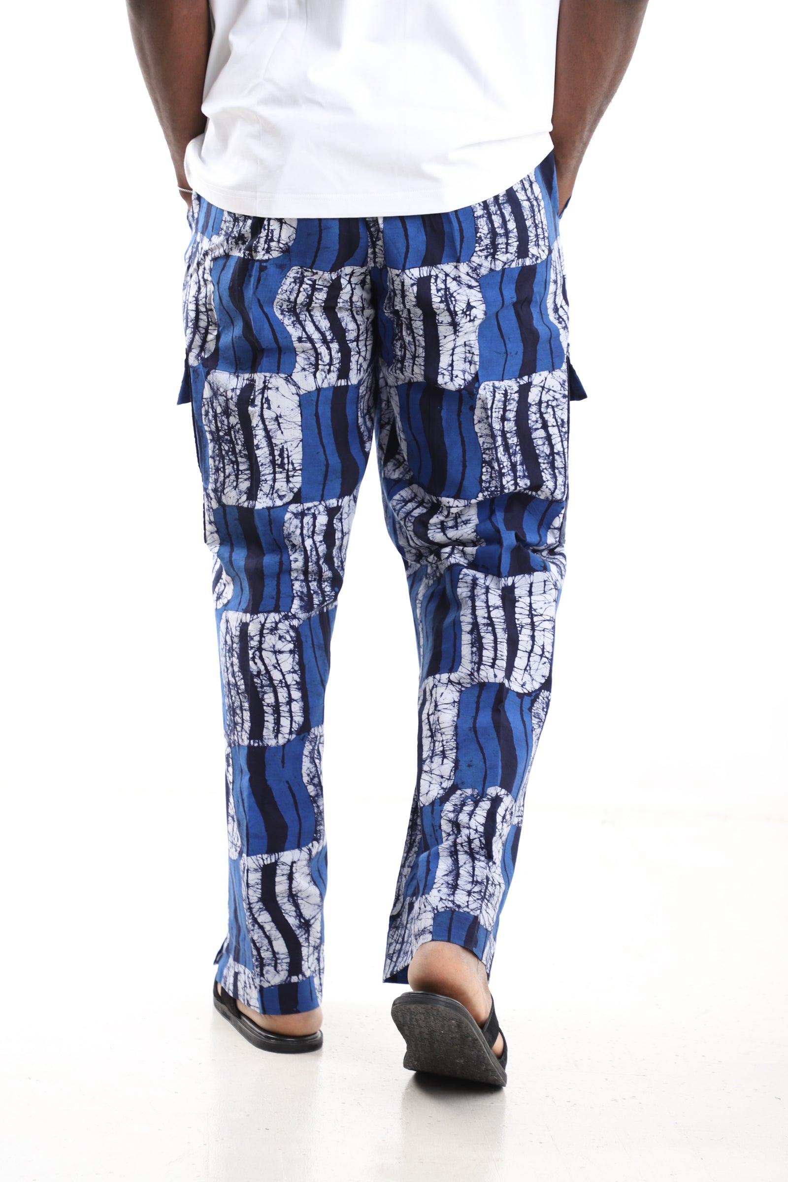 King Kaftan Blue Wave Adire Cargo Pants Set with Oversized White T-Shirt – Back View – African men's fashion Nigeria