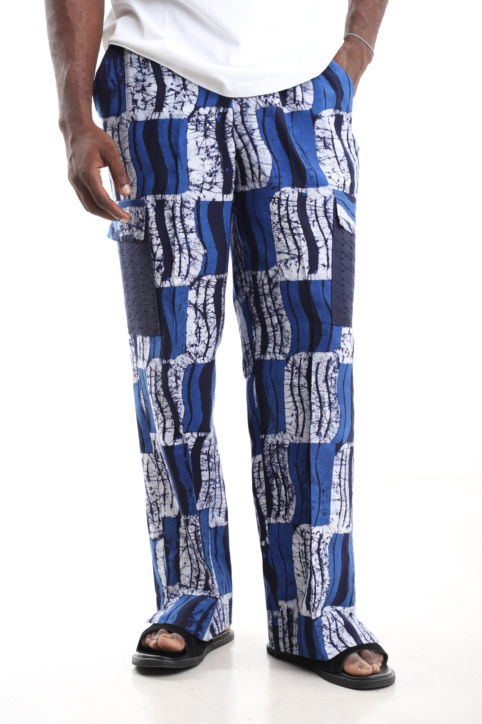 Blue Wave Adire Cargo Pants with Navy Mesh Pockets