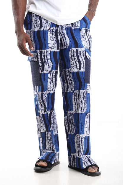 Blue Wave Adire Cargo Pants with Navy Mesh Pockets