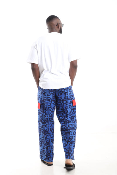 King Kaftan Blue Geometric Adire Cargo Pants Set with Oversized White T-Shirt – Back View – African men's fashion Nigeria
