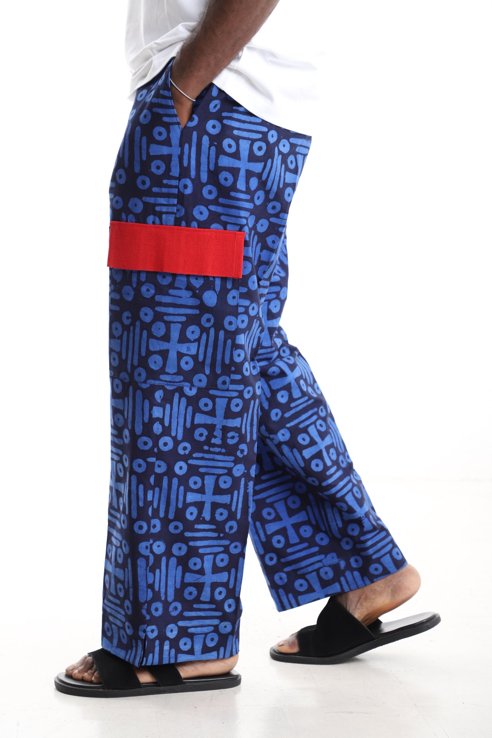 King Kaftan Blue Geometric Adire Cargo Pants – Side View – African men's fashion Nigeria