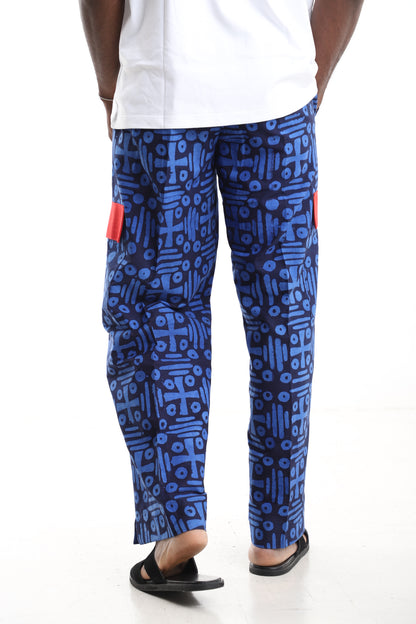 King Kaftan Blue Geometric Adire Cargo Pants – Back View – African men's fashion Nigeria