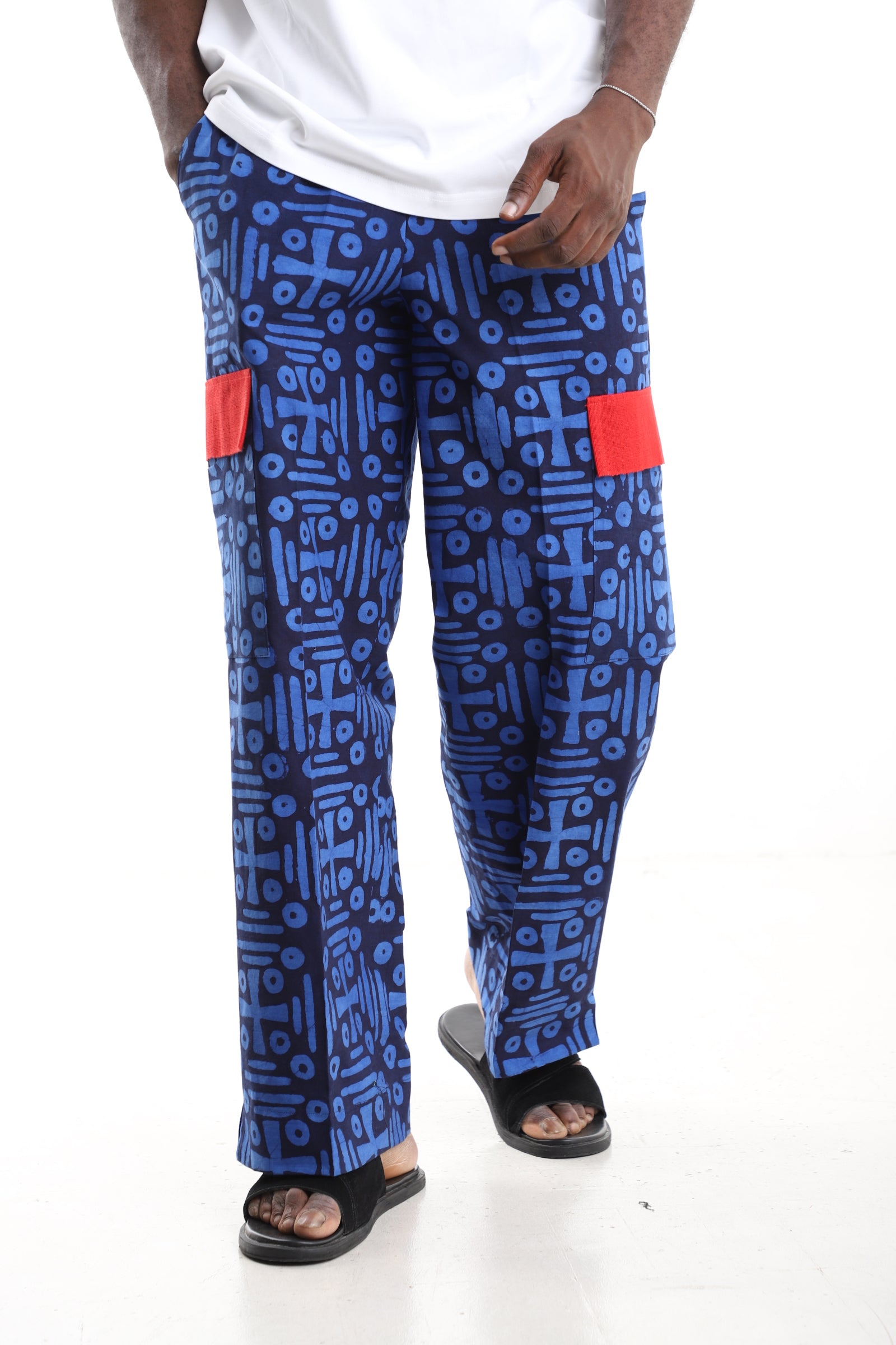 King Kaftan Blue Geometric Adire Cargo Pants – Front View – African men's fashion Nigeria