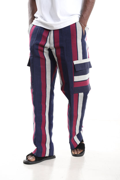 King Kaftan Handwoven Striped Cotton Aso-Oke Cargo Pants – Front View – African men's fashion Nigeria