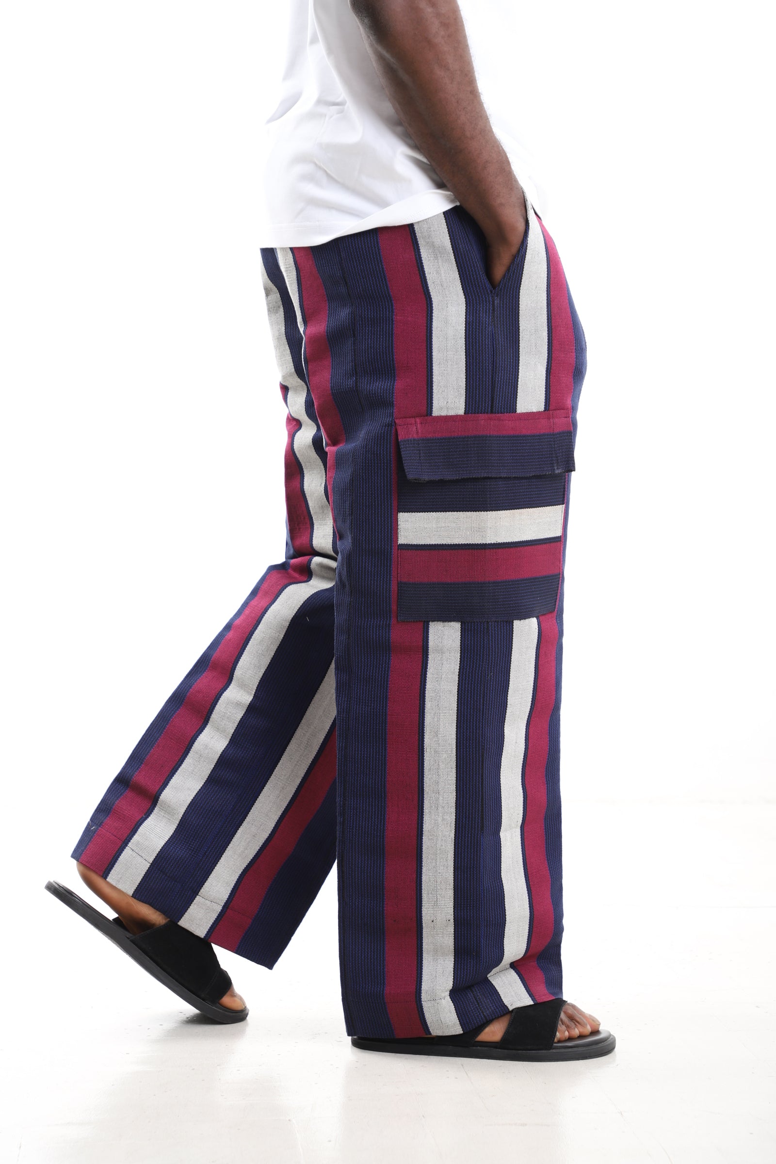 King Kaftan Handwoven Striped Cotton Aso-Oke Cargo Pants – Side View – African men's fashion Nigeria