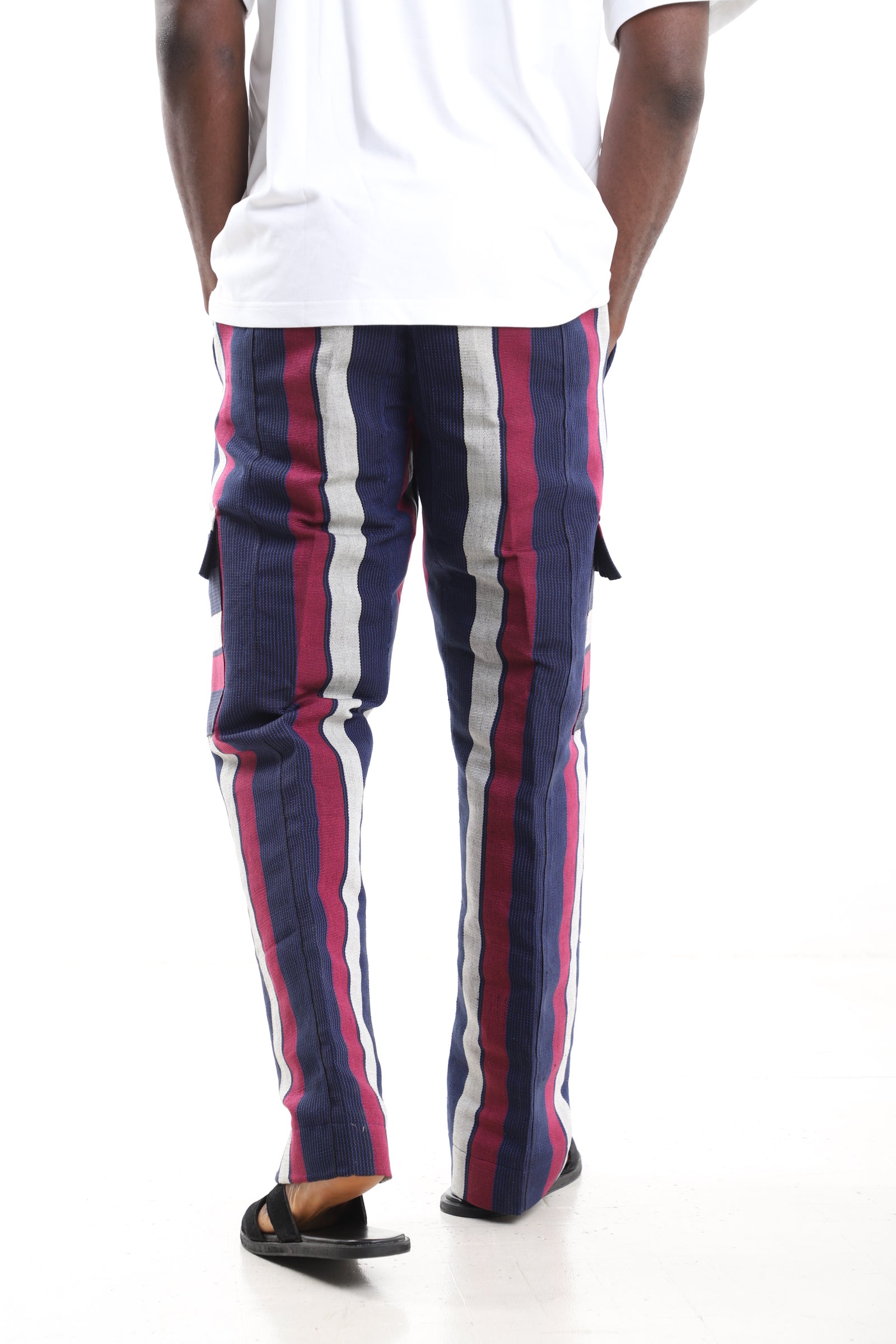 King Kaftan Handwoven Striped Cotton Aso-Oke Cargo Pants – Back View – African men's fashion Nigeria