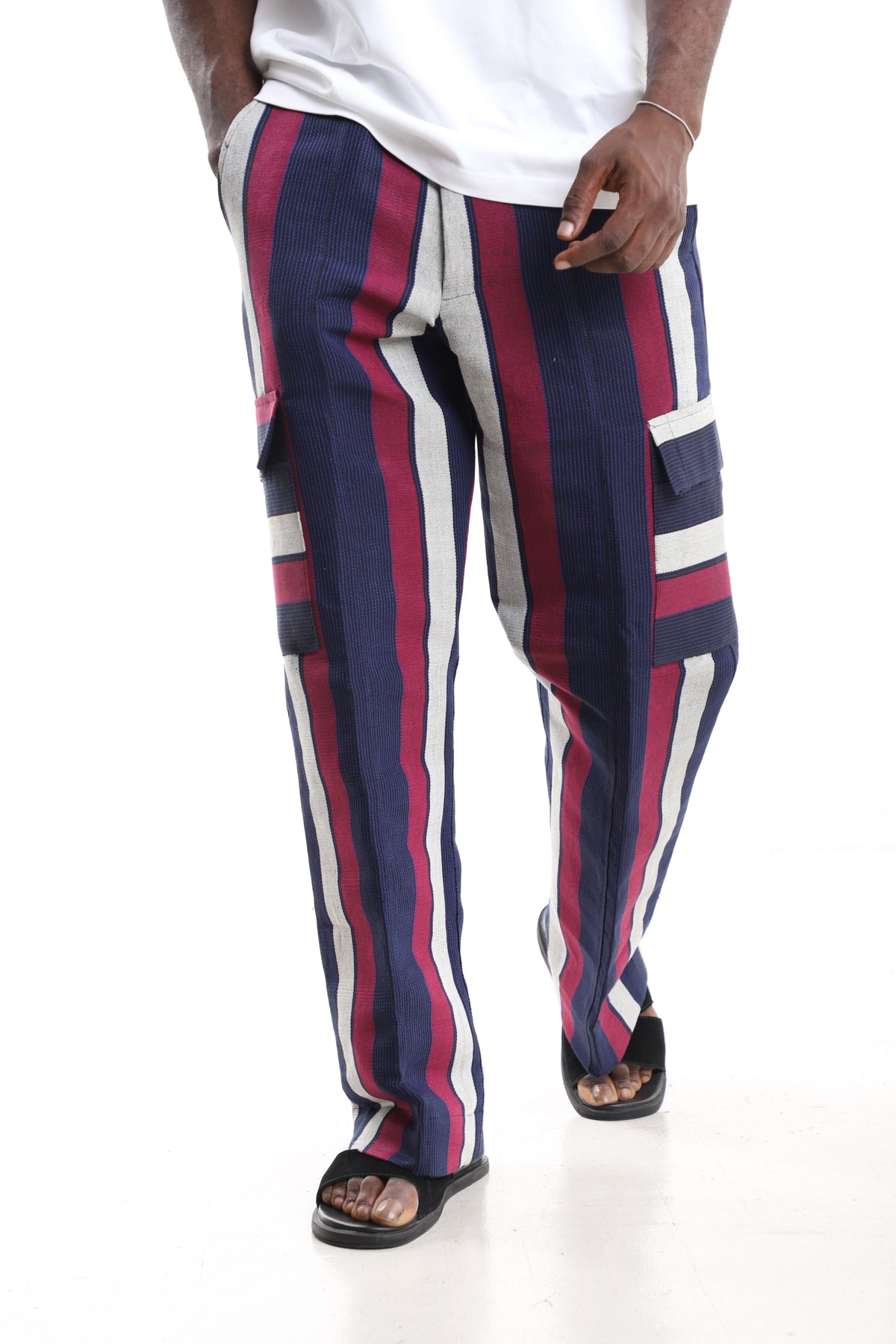 King Kaftan Handwoven Striped Cotton Aso-Oke Cargo Pants – Cargo Pocket Detail – African men's fashion Nigeria