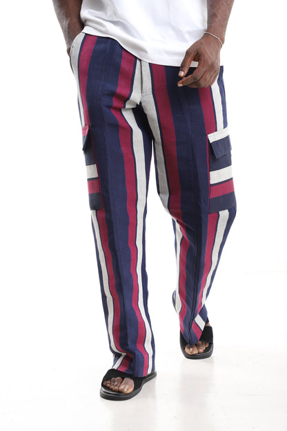 King Kaftan Handwoven Striped Cotton Aso-Oke Cargo Pants – Cargo Pocket Detail – African men's fashion Nigeria
