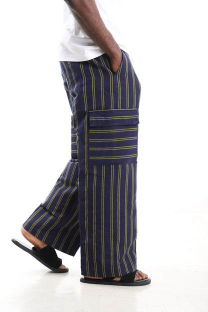 Navy and Olive Handwoven Aso-Oke Striped Wide-Leg Cargo Pants