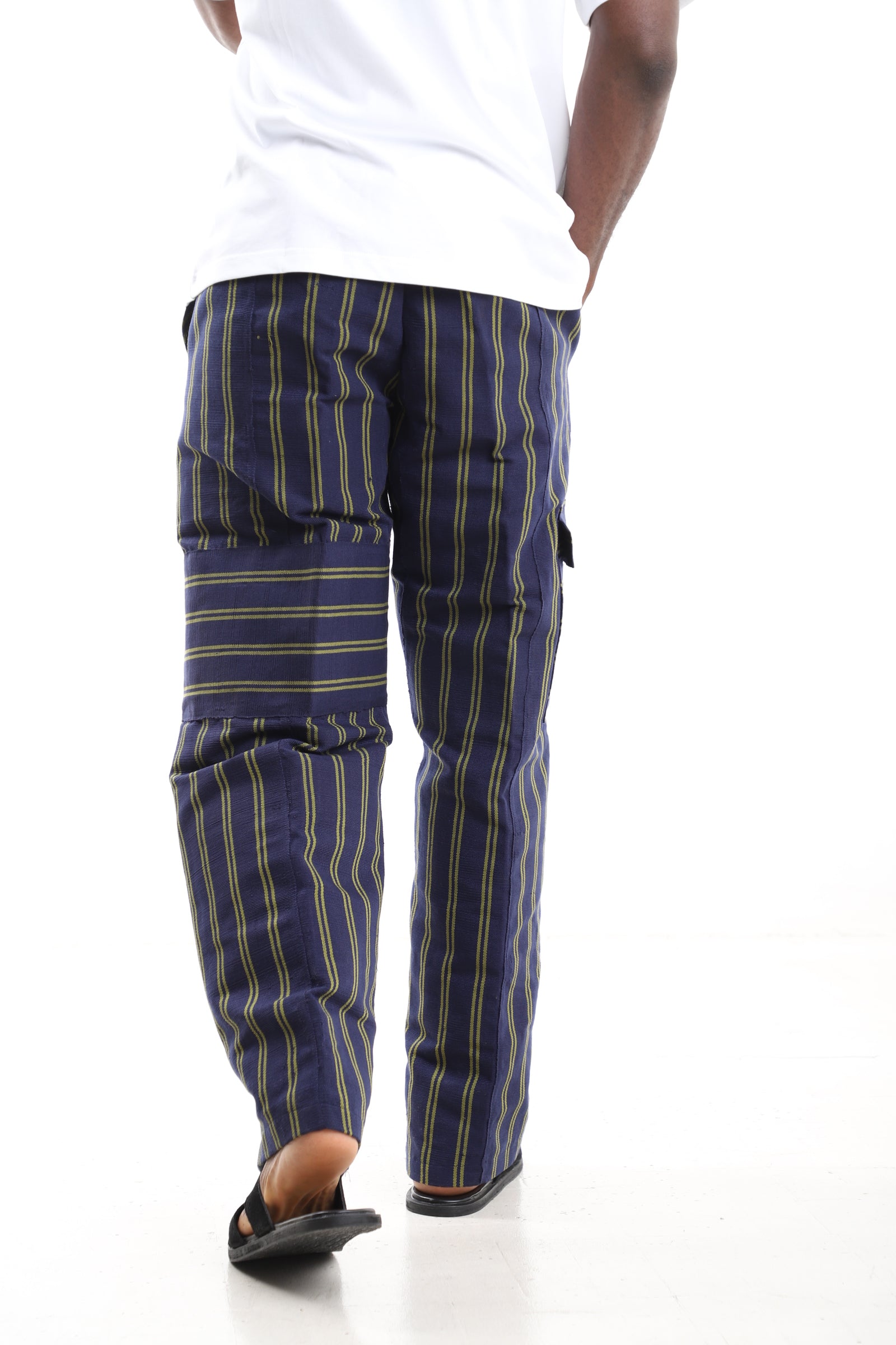 Navy and Olive Handwoven Aso-Oke Striped Wide-Leg Cargo Pants