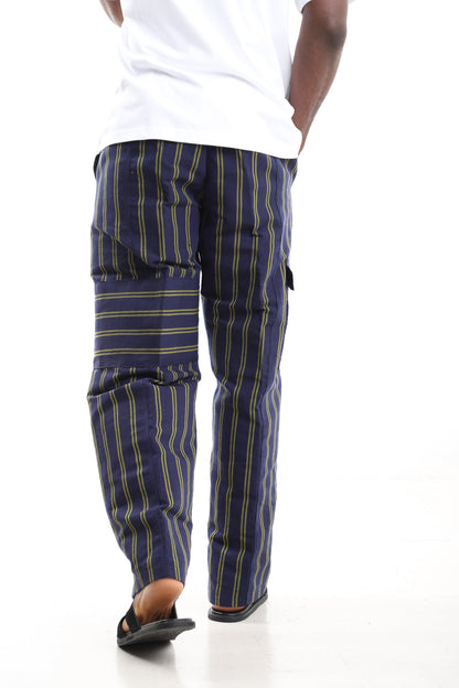 Navy and Olive Handwoven Aso-Oke Striped Wide-Leg Cargo Pants