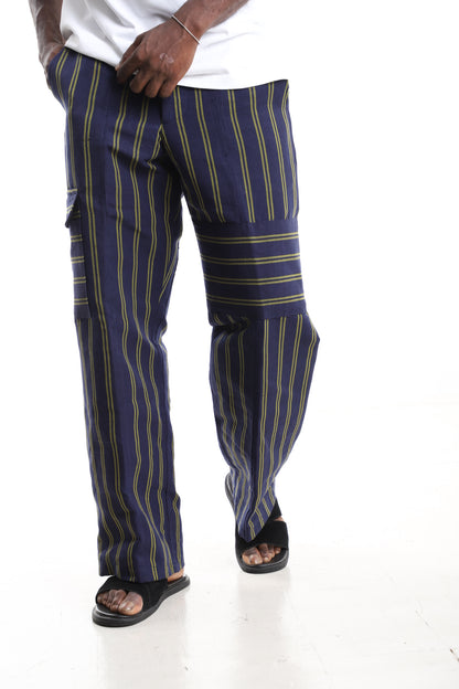 Navy and Olive Handwoven Aso-Oke Striped Wide-Leg Cargo Pants