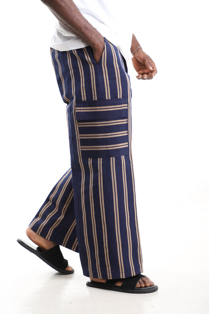 Navy and Tan Handwoven Aso-Oke Wide-Leg Cargo Pants