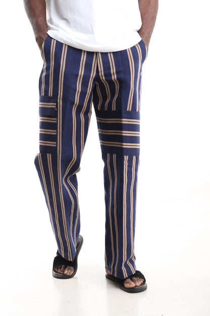 Navy and Tan Handwoven Aso-Oke Wide-Leg Cargo Pants