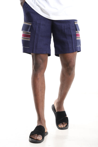King Kaftan Navy Linen Cargo Shorts – Front View – African men's fashion Nigeria