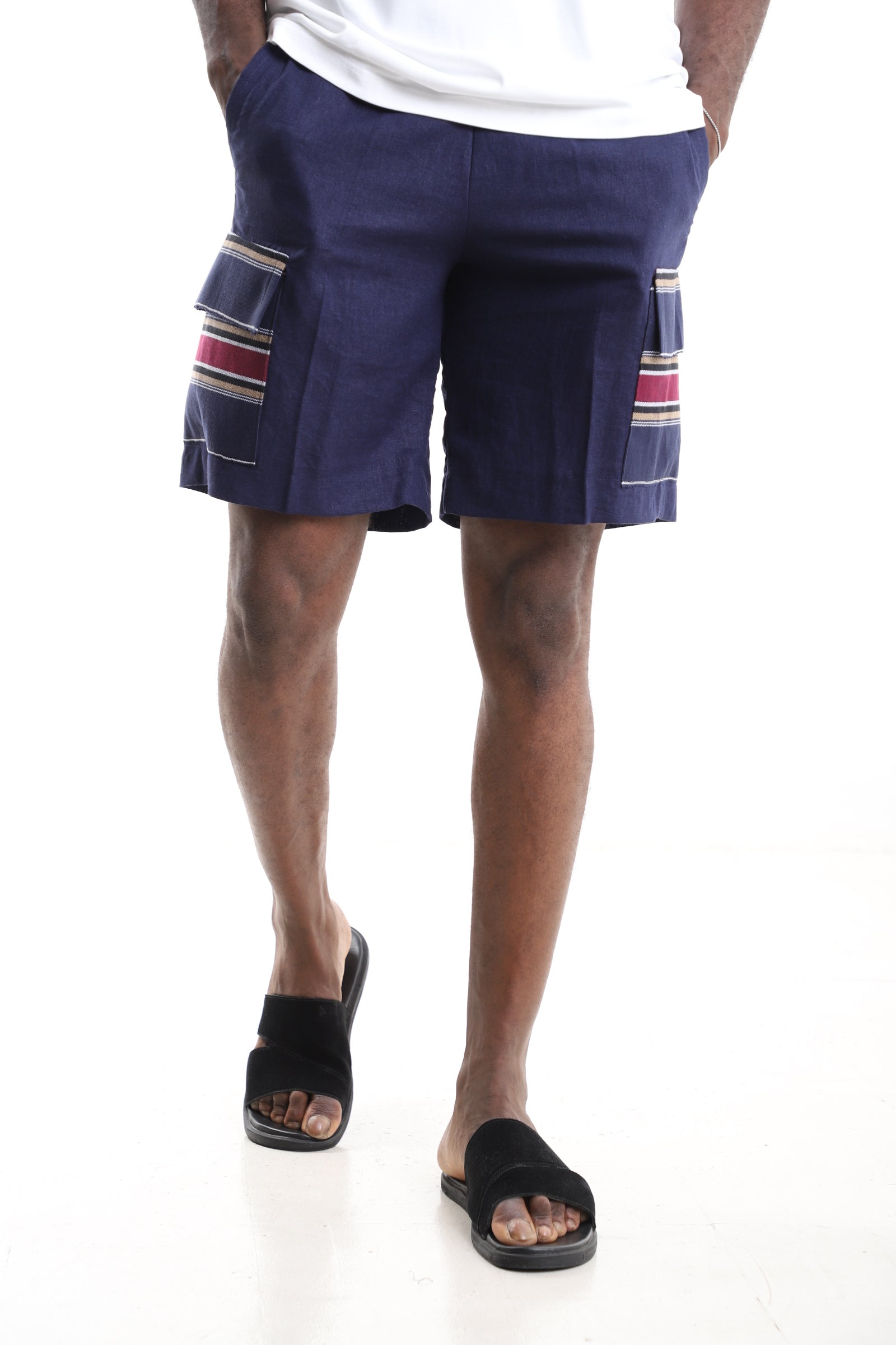 King Kaftan Navy Linen Cargo Shorts – Aso-Oke Cargo Pocket Detail – African men's fashion Nigeria