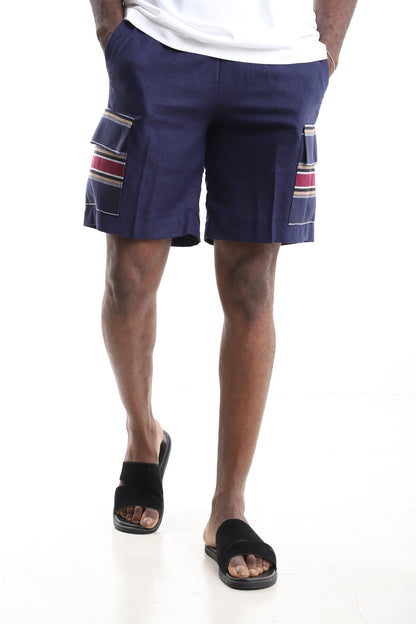 King Kaftan Navy Linen Cargo Shorts – Aso-Oke Cargo Pocket Detail – African men's fashion Nigeria