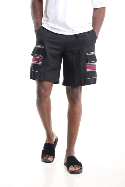 Black Pure Linen Cargo Shorts with Striped Aso-Oke Pocket Flaps