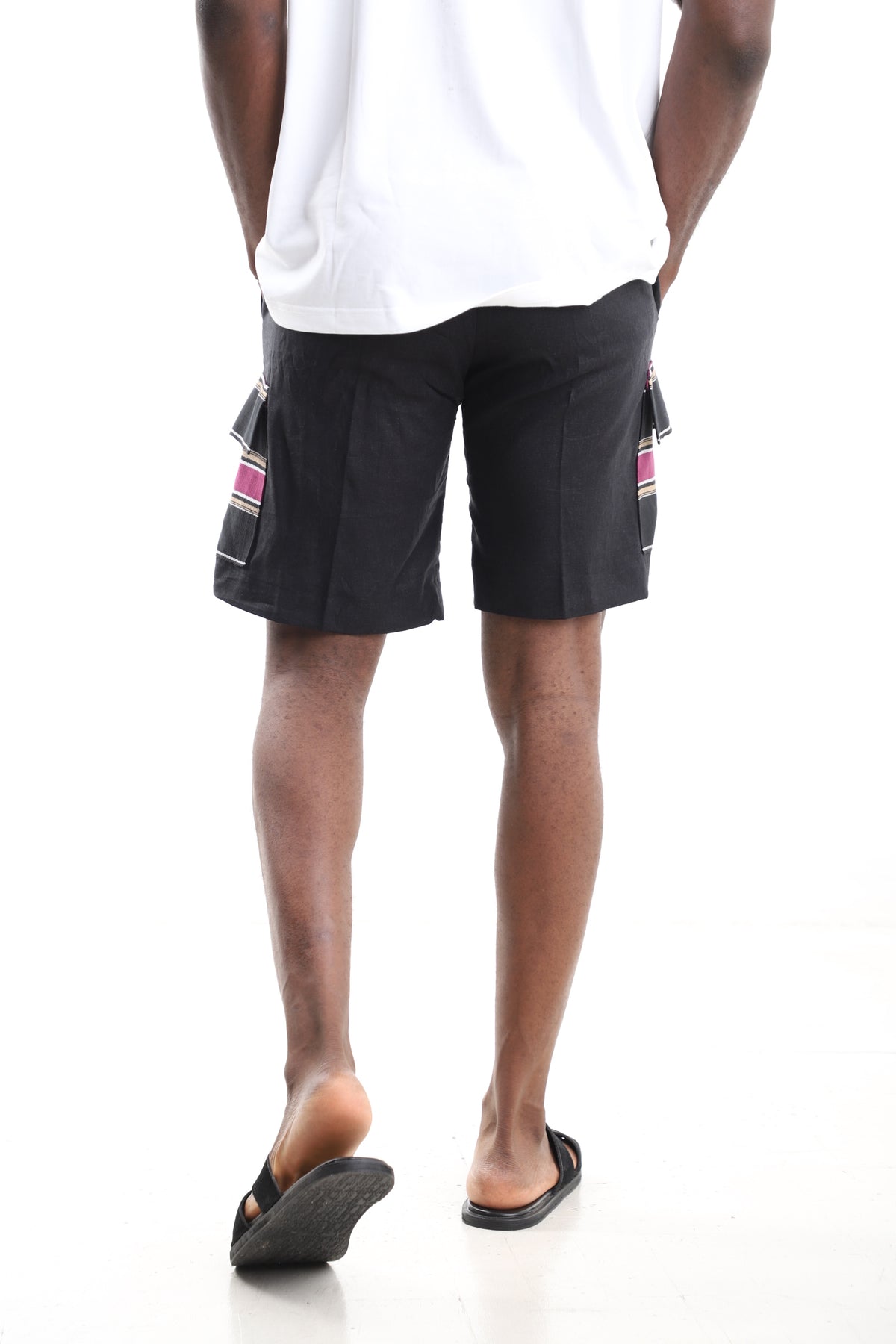 Black Pure Linen Cargo Shorts with Striped Aso-Oke Pocket Flaps