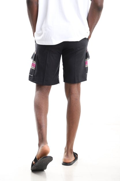 Black Pure Linen Cargo Shorts with Striped Aso-Oke Pocket Flaps